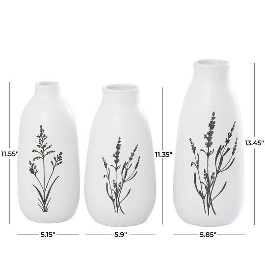White Ceramic Vase with Black Lavender Prints Set